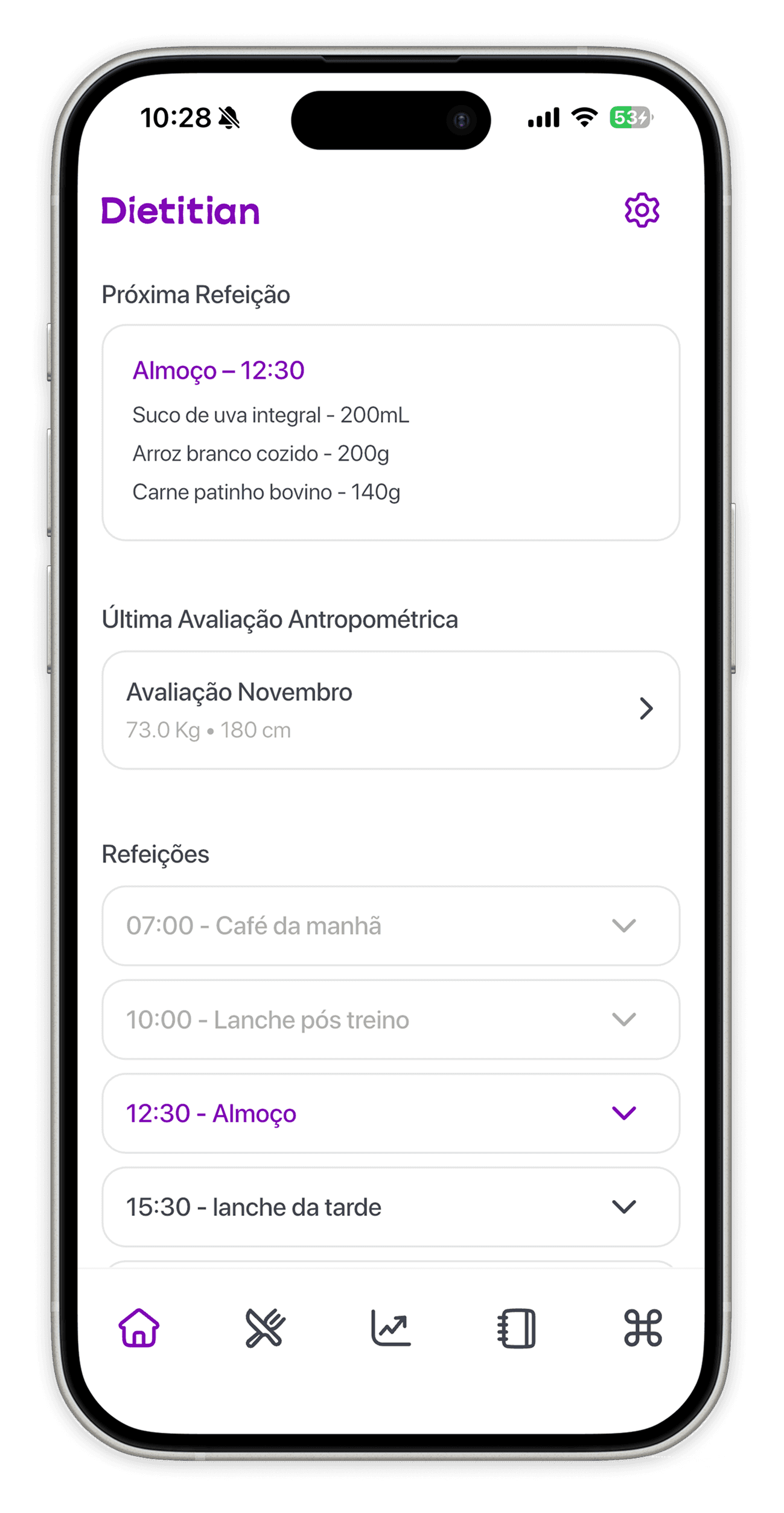 Tela do app mostrando a proxima refeicao e a lista de refeicoes do dia.