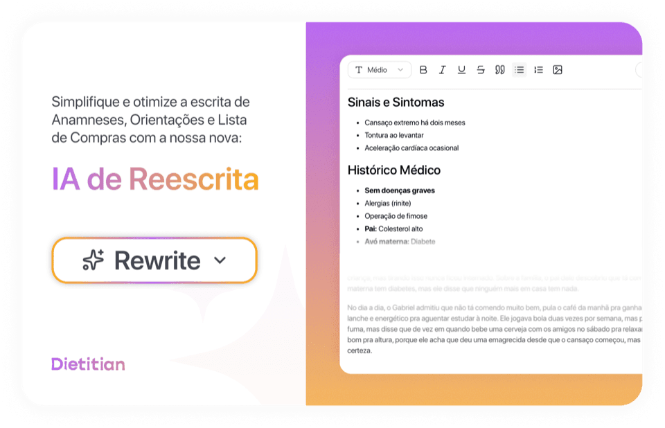 Tela do Dietitian mostrando reescrita por IA durante anamnese