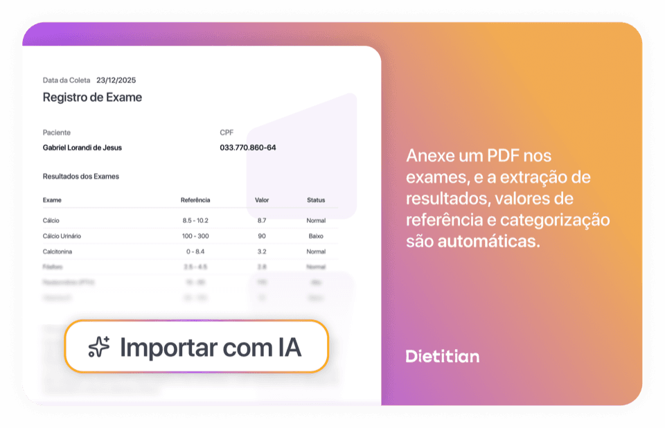 Tela do Dietitian mostrando importação de exames por IA