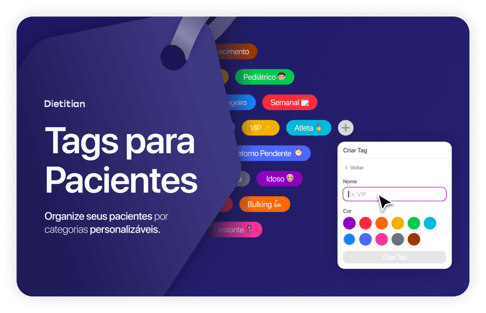 Tela do Dietitian mostrando tags coloridas aplicadas a pacientes