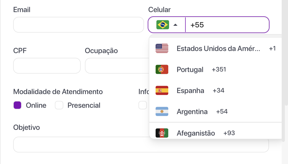 Seletor de código de país no cadastro de pacientes